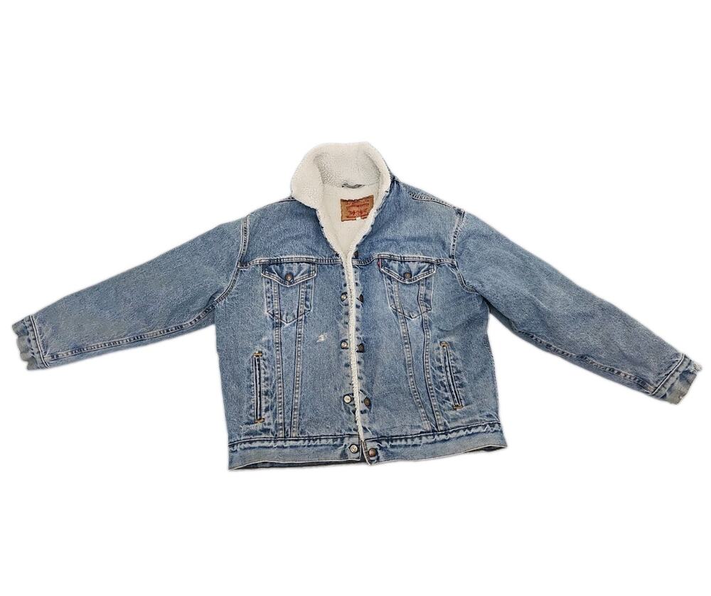 Vintage 80s Levis Sherpa Denim Trucker Jacket Large Made in USA Fur Blue Warm